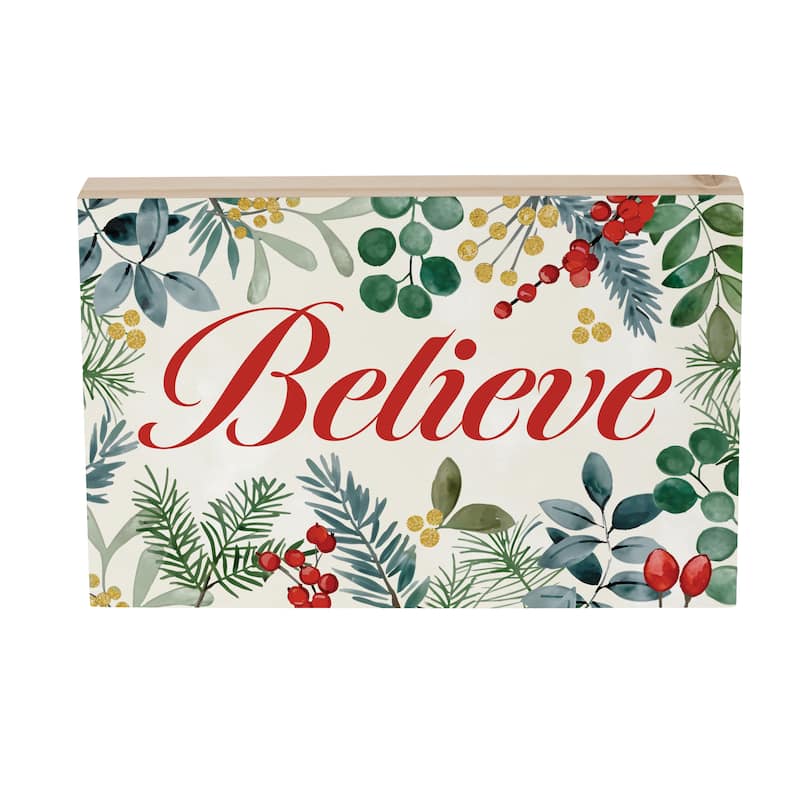 Festive Foliage Sign Wood Block - "Believe" - 12"x8" - Multicolor