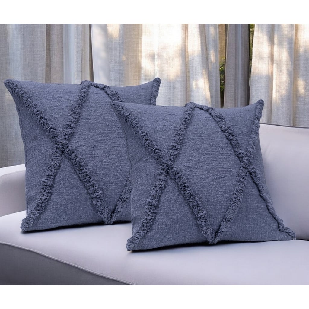 Set of Two Blue Diamond Cotton Throw Pillow With Fringe