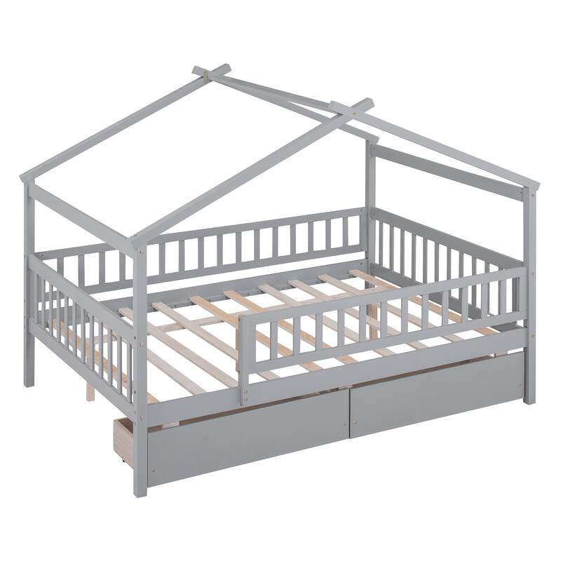 Full Size House-Shaped Wooden Bed with Two Drawers, Gray