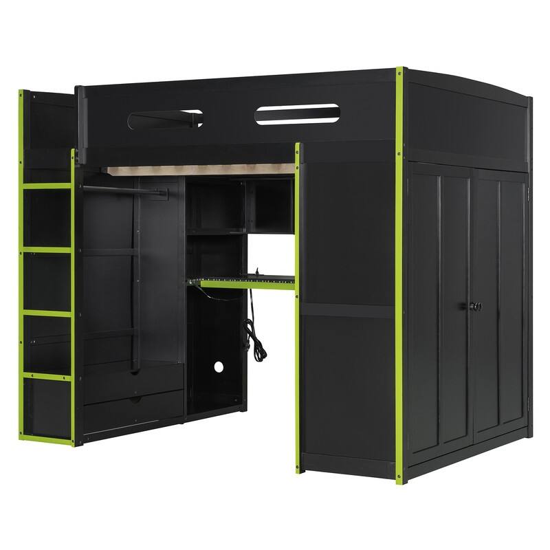 Full Size Wood Loft Bed with Desk,Wardrobe and RGB LED Light