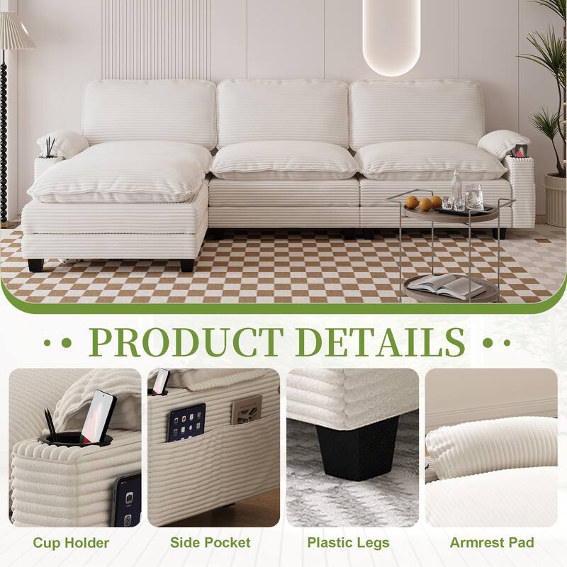 113" L Shaped Sectional Sofa, Deep Seat Cloud Couch with Ottoman, Oversized Corduroy Couch with Cup Holders, Storage Bags