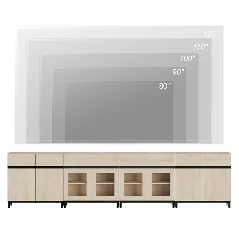 Modern TV Stand for 120" TVs, 4-in-1 Console with Glass Doors & 2 Drawers