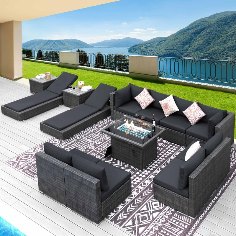 FINCATI 13 Pcs Patio Outdoor Wicker Furniture Sectional Sofa Set with Lounge Chair - 13 PCS - Grey