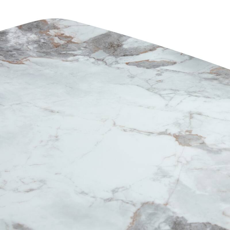 9-Piece Glass Marble-Texture Dining Set, Kitchen Table Set with PU Chairs and Gold Metal Legs for Dining Room