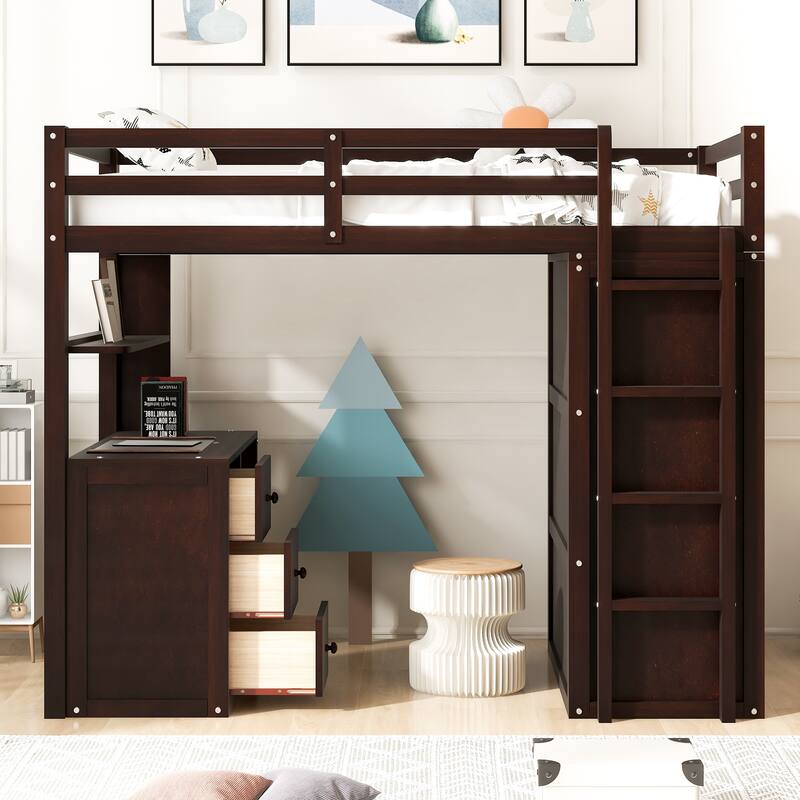 Twin/Full Size High Loft Bed with Built-in Desk, Wardrobe & 3 Drawers