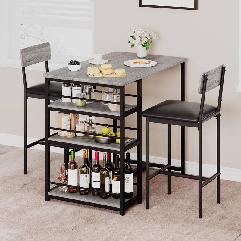 3 Piece Counter Height Bar Kitchen Table Set with 3 Storage Shelves for Apartment