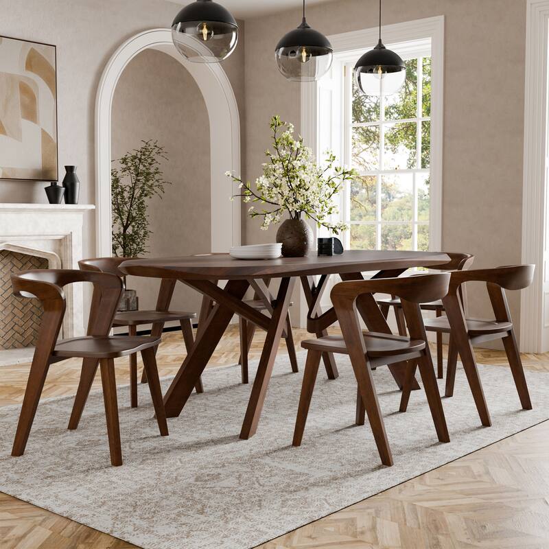 Furniture of America Abigail VI Mid-Century Modern 7-Piece Walnut Handfinished Solid Wood Dining Set - Rich Walnut