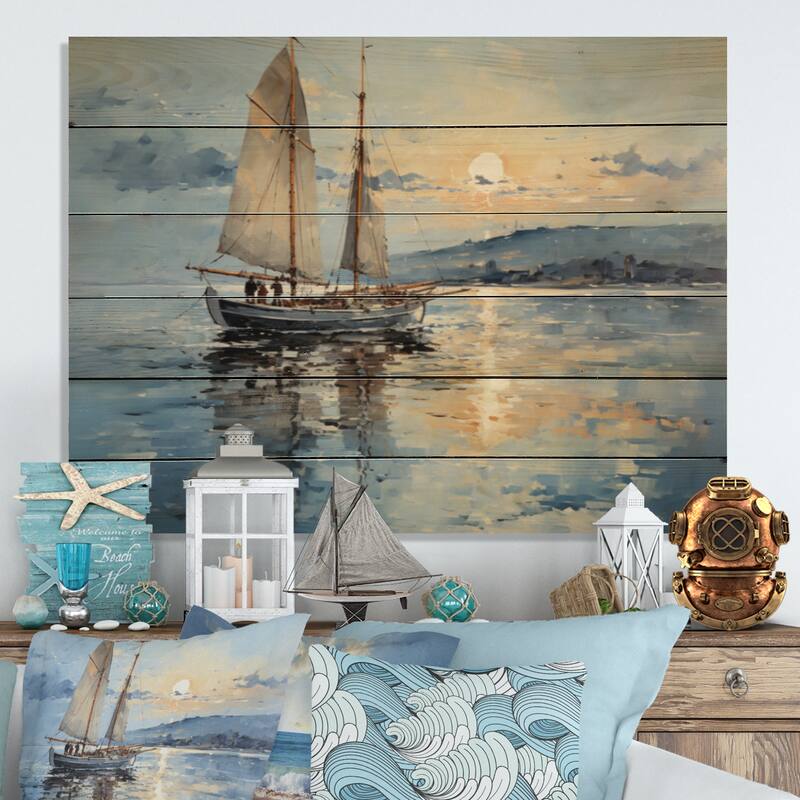 Designart "Boat Sailing Reflections I" Nautical & Beach Print on Natural Pine Wood