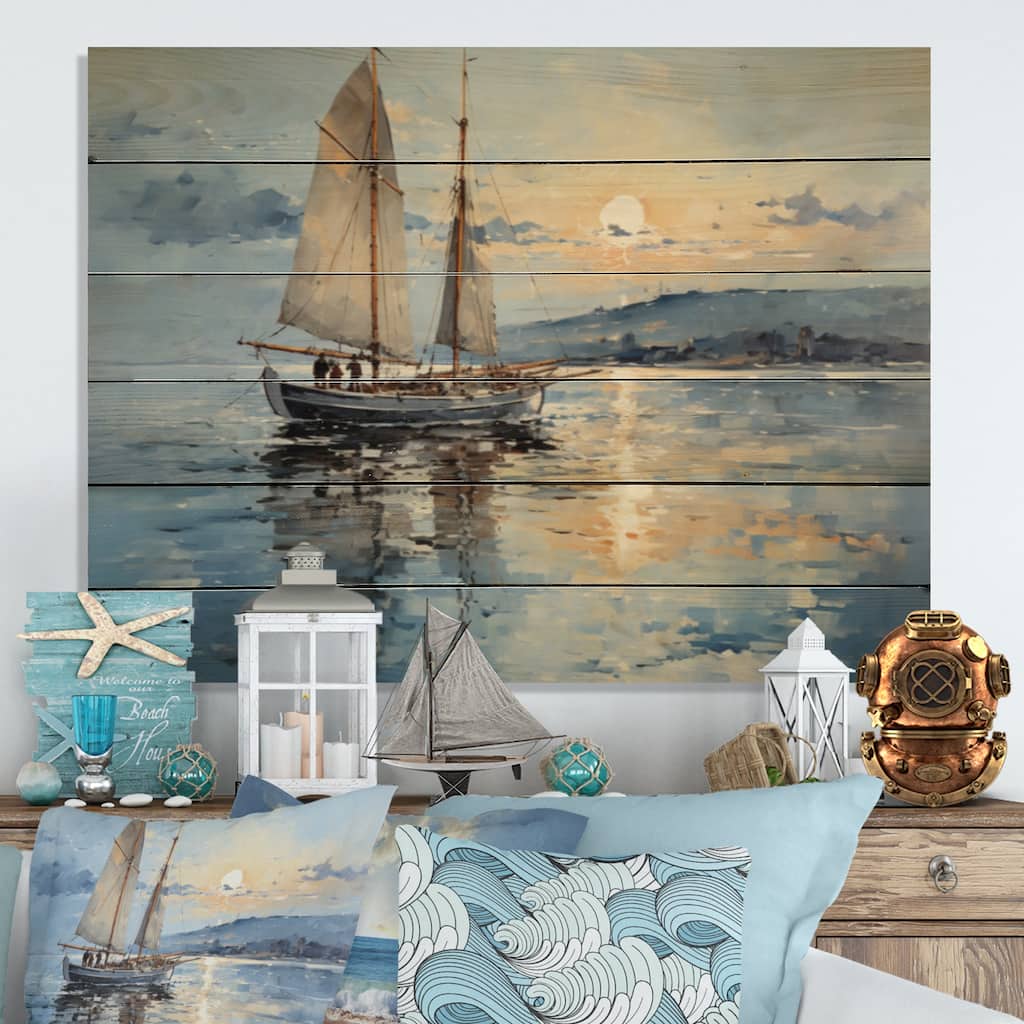 Designart "Boat Sailing Reflections I" Nautical & Beach Print on Natural Pine Wood