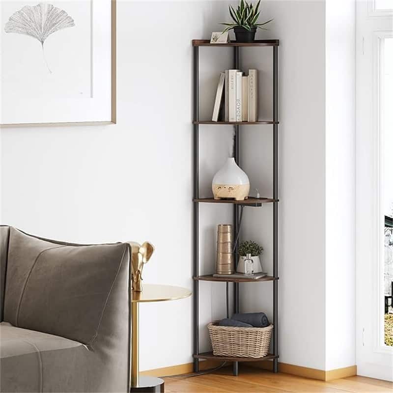 5 Tier Corner Shelf Stand - 12.2"D x 12.2"W x 64.9"H - Rustic Brown-pb