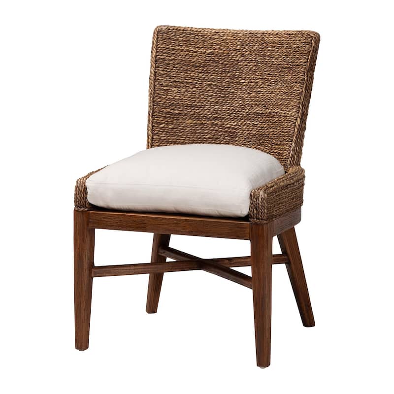Ridley Seagrass Dining Chair with Mahogany Wood Frame - Coastal Accent Chair with Woven Square Back and Cushioned Seat - Brown Wash