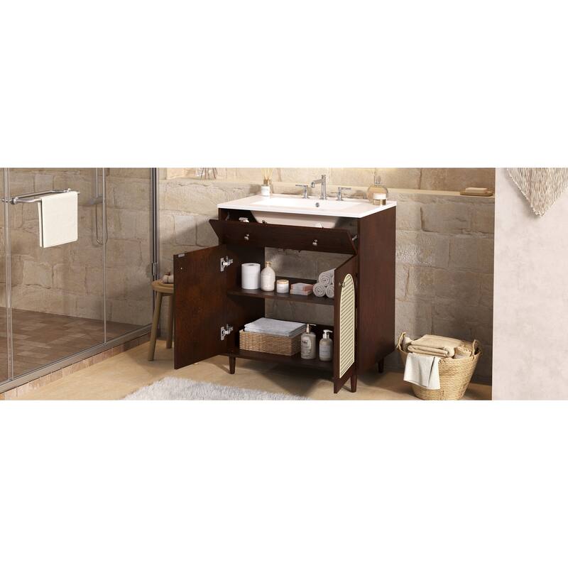 30" Bathroom Vanity with Ceramic Sink, Solid Wood Frame Bathroom Sink Cabinet with Adjustable Shelf, Tip-Drawer