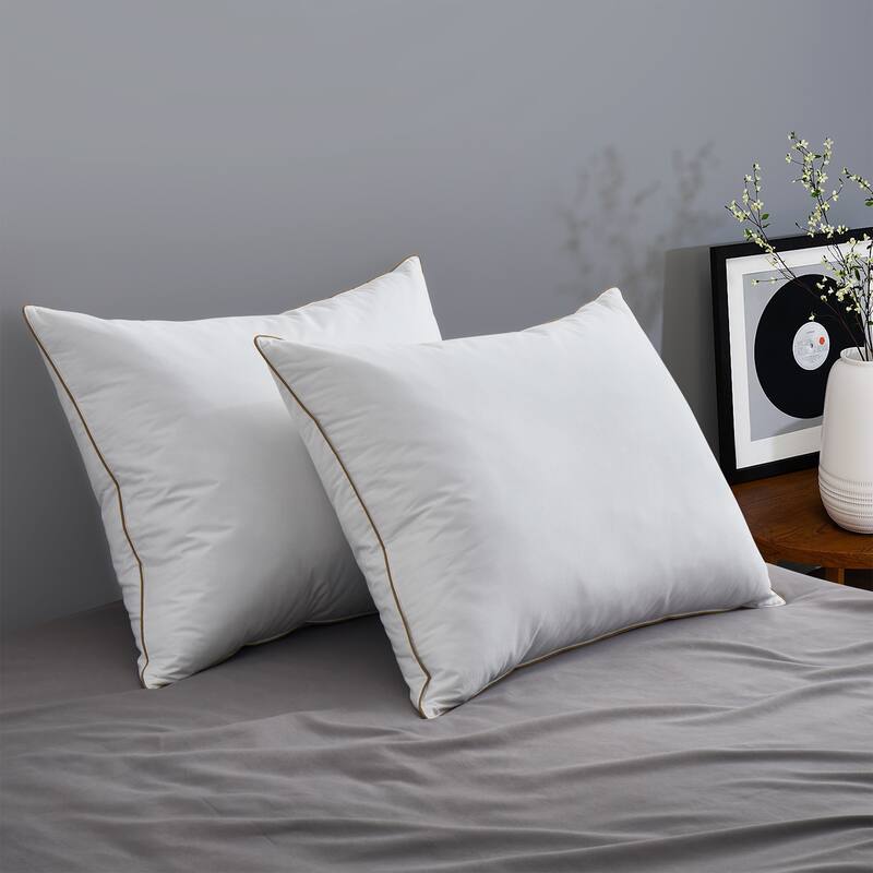 2 Pack Medium Goose Feather Down Bed Pillows with Soft Cotton Cover - White