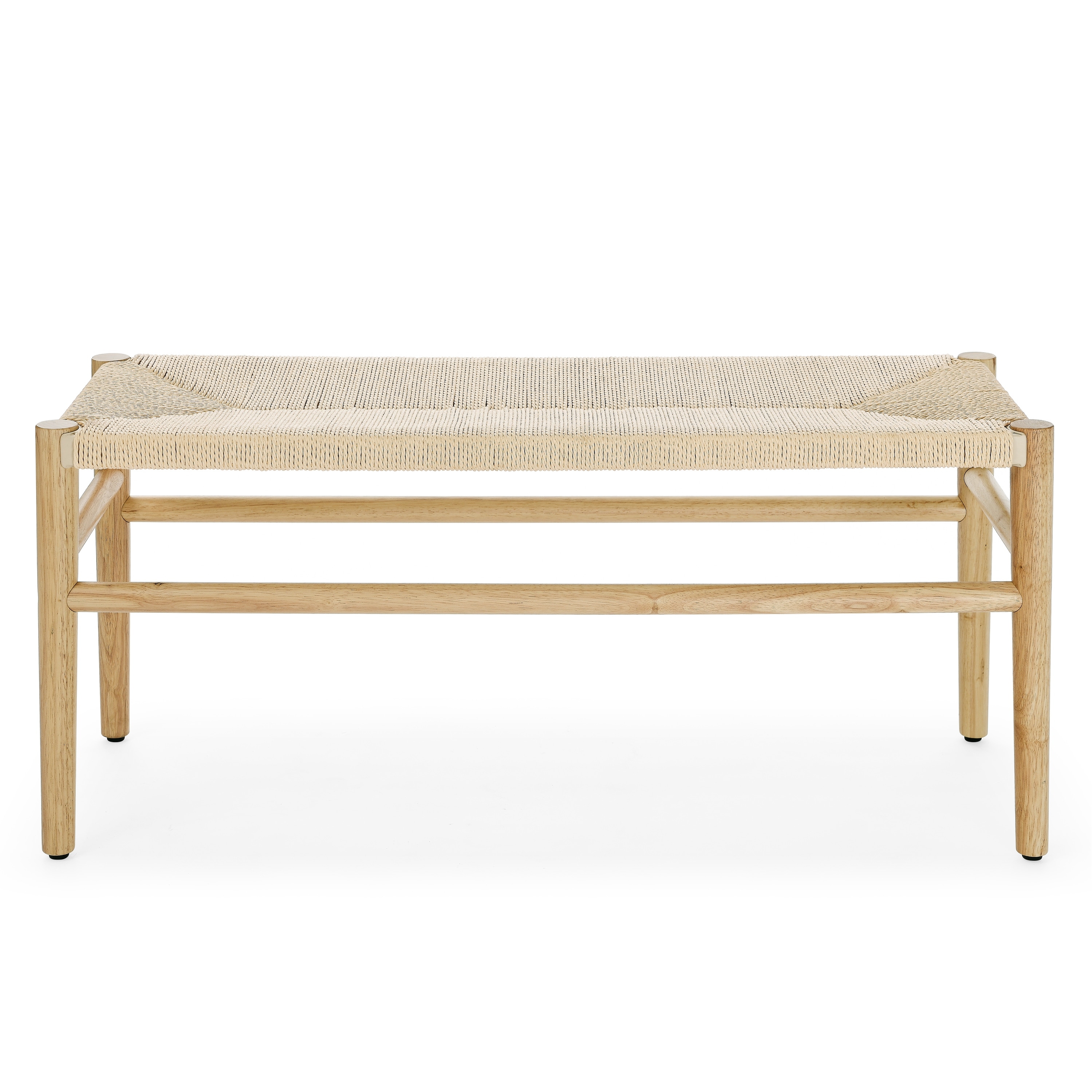 Mid-Century Indoor Entryway Bench with Paper Cord and Rubber Wood