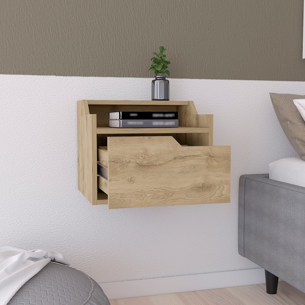 Modern Floating Nightstand with Dual-Tier Design and Drawer Storage, Macadamia