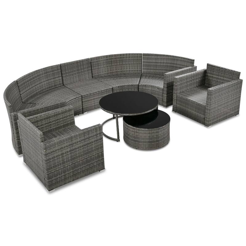 9-Piece Half-Moon Wicker Patio Sofa Set with Cushions and Two Round Coffee Tables