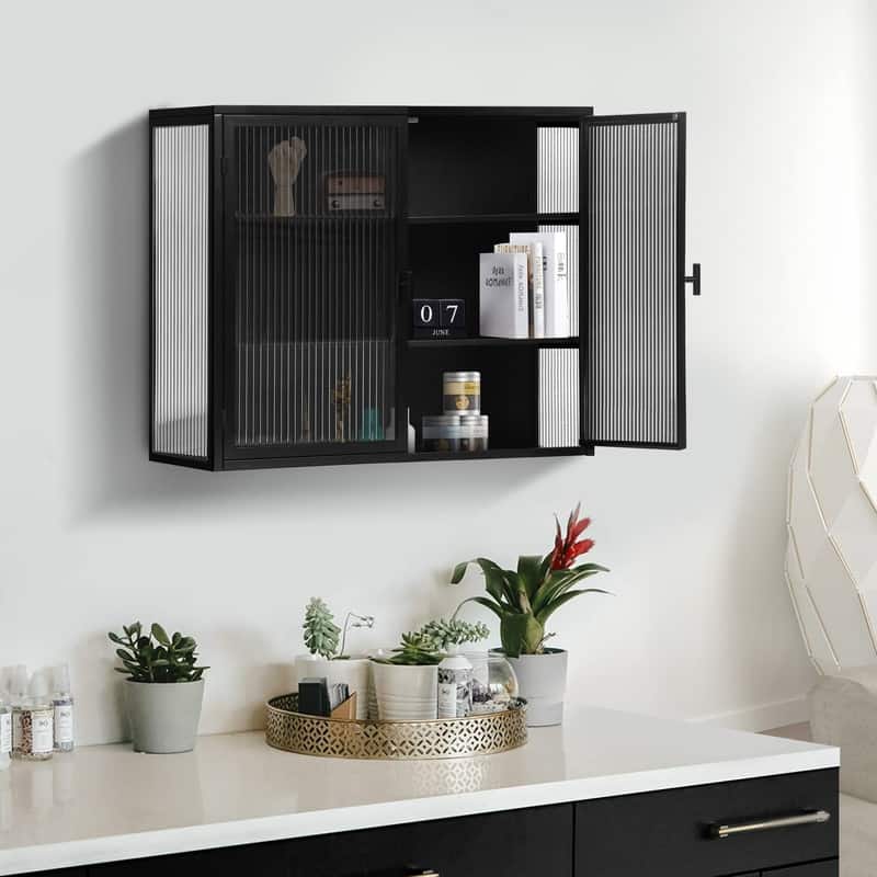 27.56" Kitchen Wall Storage Cabinet with Glass Doors & Three-tier Storage - Black