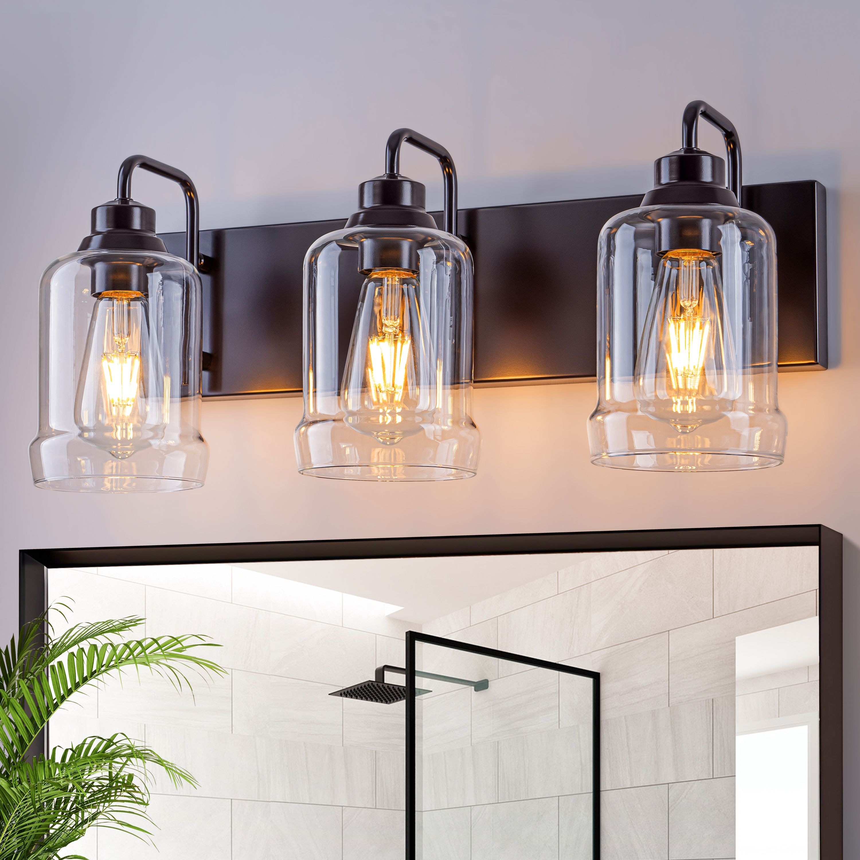Starsky Modern Farmhouse 3‑Light Vanity Wall Light with Clear Decorative Glass Shades, E26 Bulb Base, Oil Rubbed Bronze Finish