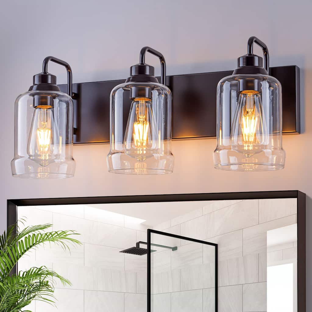 Starsky Modern Farmhouse 3‑Light Vanity Wall Light with Clear Decorative Glass Shades, E26 Bulb Base, Oil Rubbed Bronze Finish