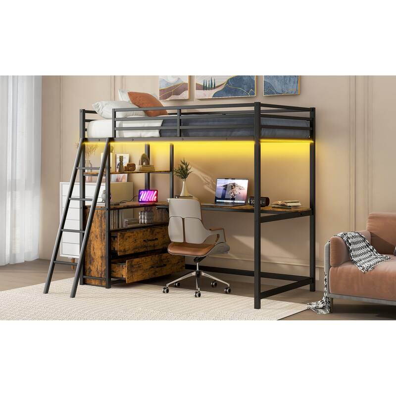 Twin Metal Wood Loft Bed with Desk & LED Light