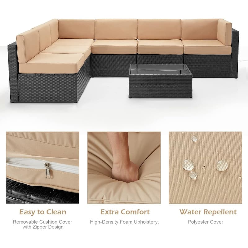 AECOJOY 7 Piece Outdoor Patio Furniture Set, PE Rattan Outdoor Wicker Sectional Furniture Chair Set with Cushions and Tea Table