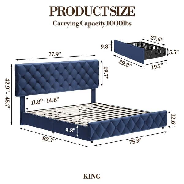 dimension image slide 3 of 6, Bed Frame with 4 Storage Drawers, Linen Upholstered Platform Bed Frame with Adjustable Headboard