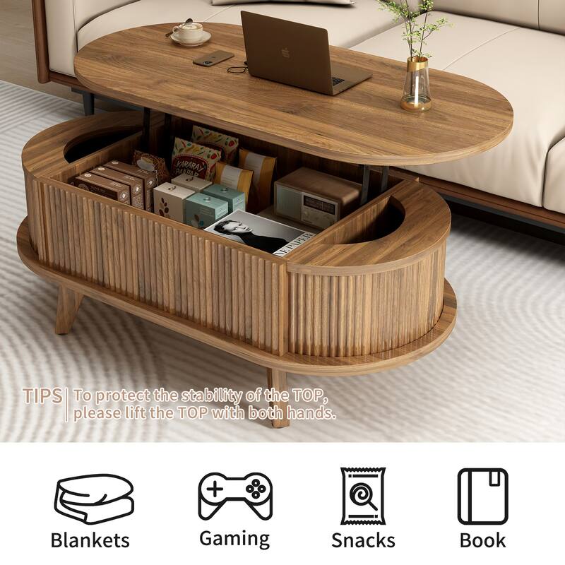 Fluted Lift Top Coffee Table with Hidden Compartment, Wooden Center Table, Modern Oval Lift Tabletop for Home Living Room