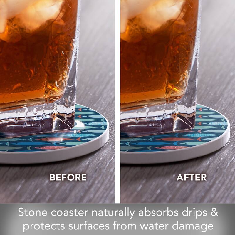Coastal Fish 4 Pack Absorbent Stone Coaster with Protective Cork Backing Made in The USA 4" Round, Easily Wipes Clean