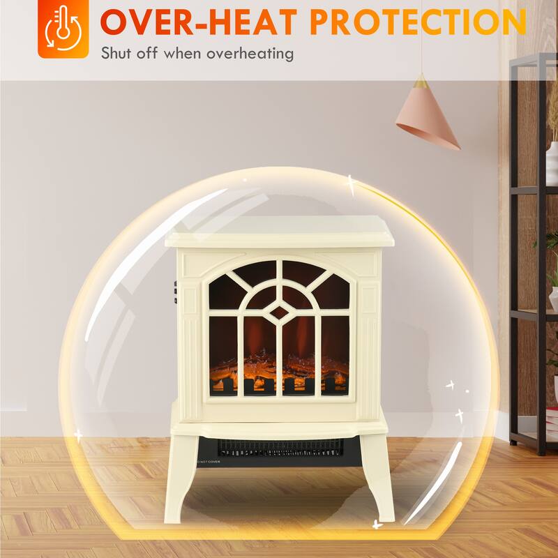 18" Cream White Electric Fireplace Heater with LED Flames, Overheat Protection, 750W/1500W