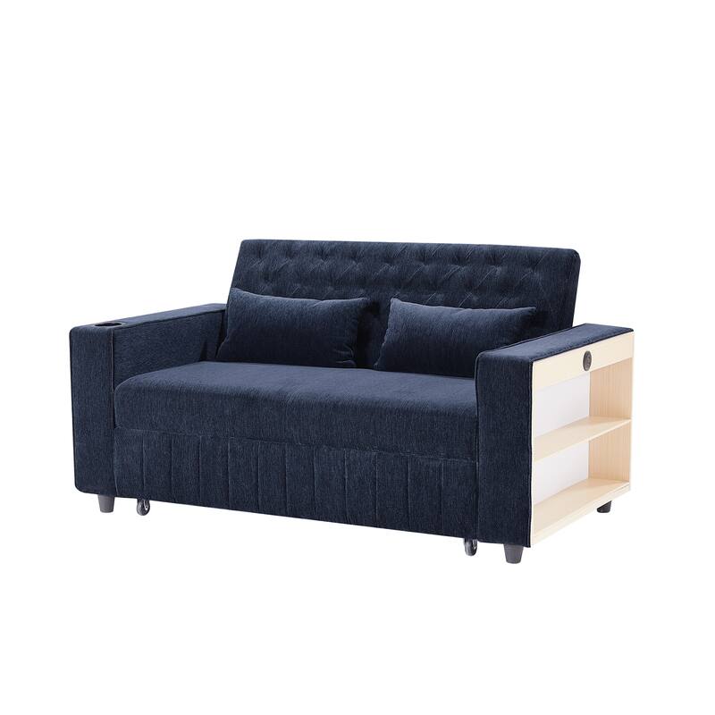 61.41" Chenille Convertible Sofa Bed with Adjustable Backrest, USB & Cup Holders