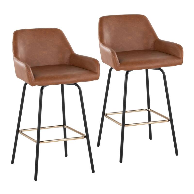 Porch & Den Galotti Fixed Height Counter Stool with Metal Legs & Square Footrest (Set of 2) - Camel Faux Leather