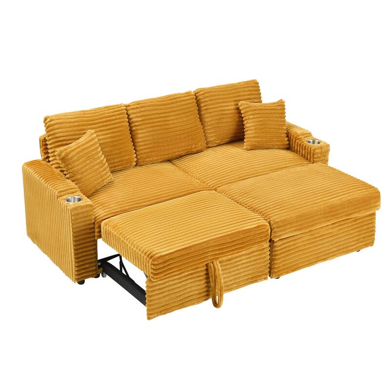 80-Inch Orange Corduroy Foldable Sofa with Cup Holders and Footrest