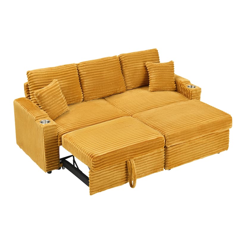 Multi-Function Corduroy Sectional Sofa Hidden Reclining Couch with Storage Ottoman Chaise Lounge, Pillows and Cup Holders