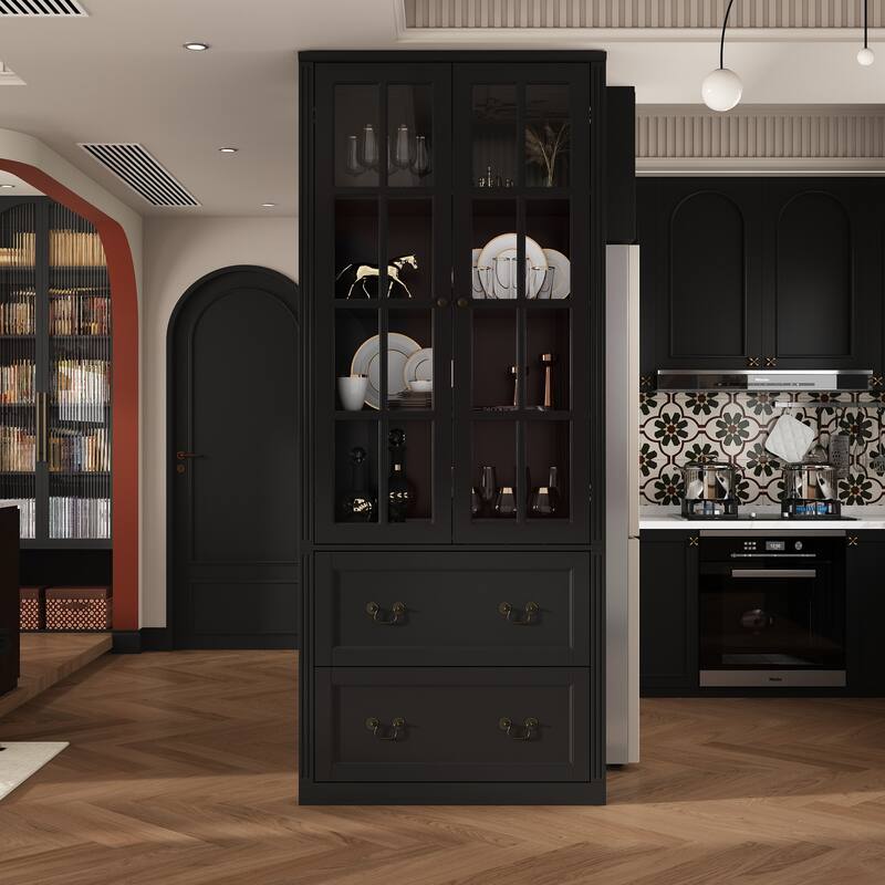 78.7" Combo Buffet Bookcase Storage Cabinet Glass Bookshelf Display
