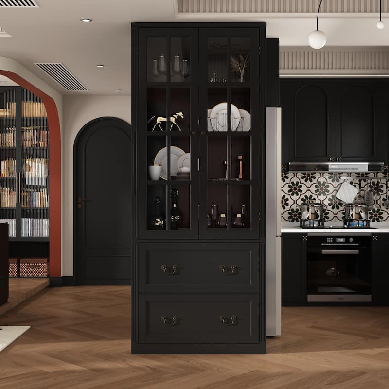 Modular Glass Doors Display Cabinet Combo Bookcase Home Office Pantry - 31.5"W - Black
