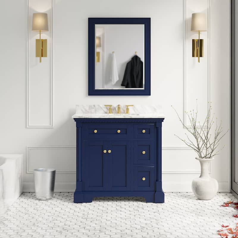 KitchenBathCollection Sydney 36" Bathroom Vanity with Carrara Marble Top - Royal Blue