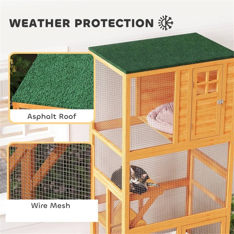 Fir Wood Steel Cat Cage with Wheels and Multi-Levels