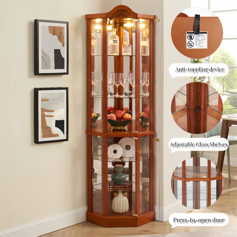Glass Corner Curio Display Bar Cabinet with Light, Adjustable Shelves