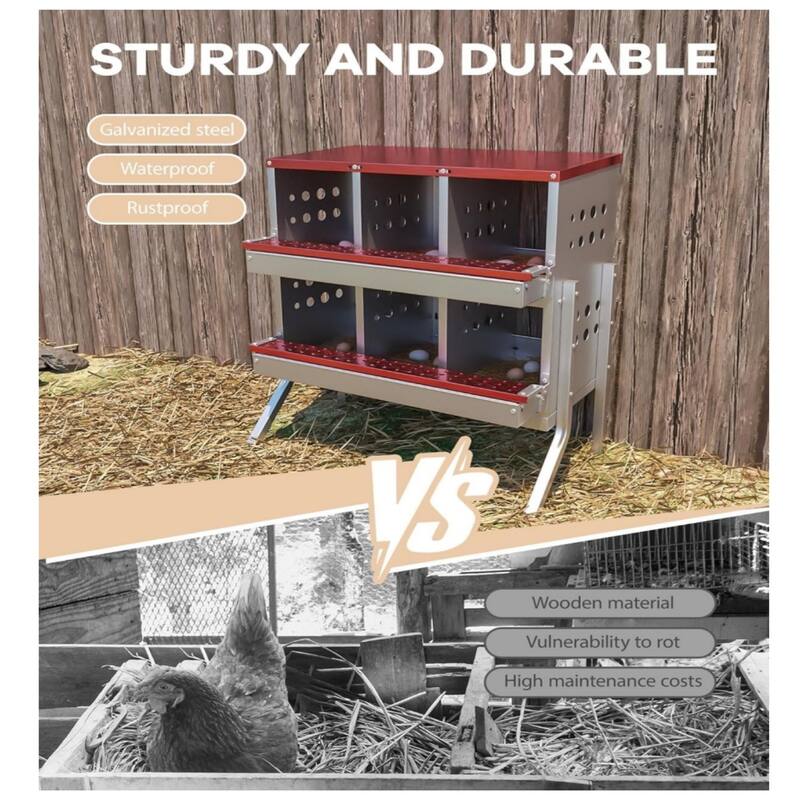 6-Compartment Chicken Nest Box Hens Laying Nest with Metal Legs and 8 Fake Training Eggs Red