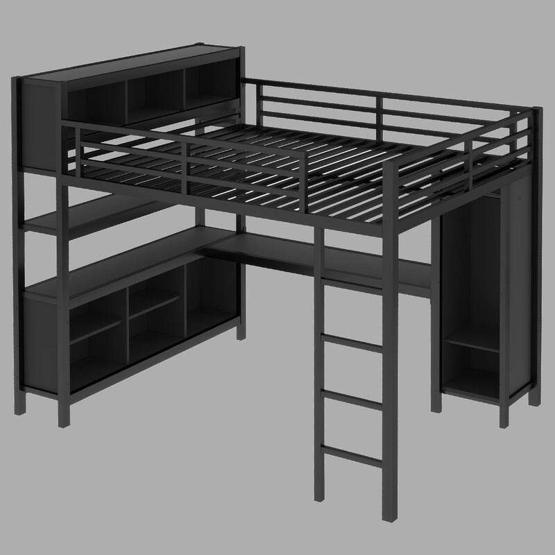 Heavy Duty Queen Loft Bed with L-Desk, Wardrobe & Shelves, Space-Saving Design for Teens & Adults - Black - Queen