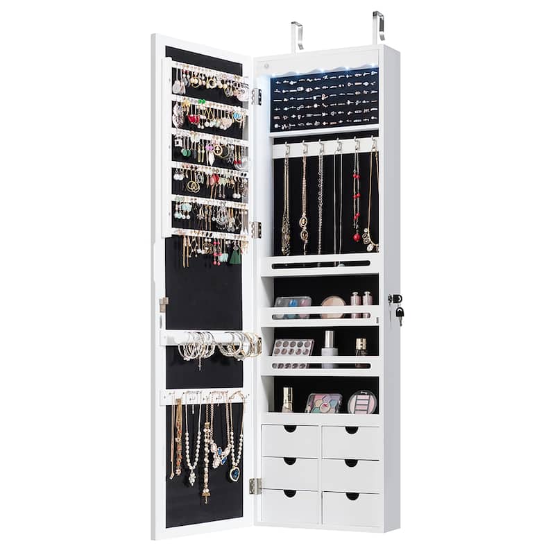 Wall Door Mounted LED Mirror Jewelry Cabinet Lockable Armoire