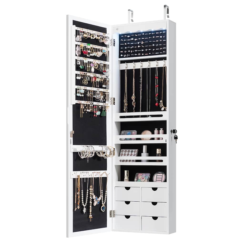 Wall Door Mounted LED Mirror Jewelry Cabinet Lockable Armoire
