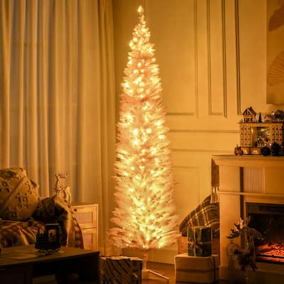 HOMCOM 7' Tall Pre-Lit Slim Noble Fir Artificial Christmas Tree with Realistic Branches, 200 Warm White LED Lights and 499 Tips