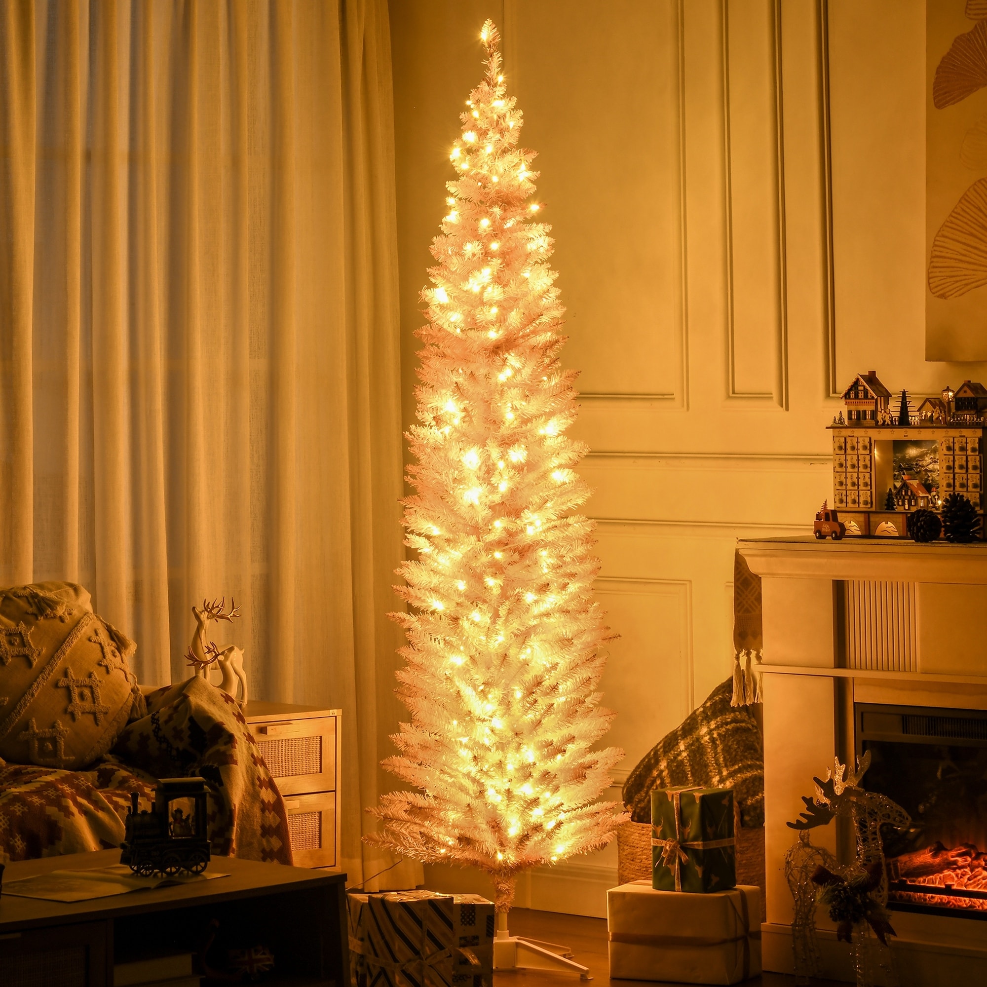HOMCOM 7' Tall Pre-Lit Slim Noble Fir Artificial Christmas Tree with Realistic Branches, 200 Warm White LED Lights and 499 Tips