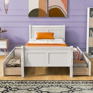 Twin Size Wood Platform Bed with 4 Drawers and Streamlined Headboard & Footboard Storage Bed Frame for Kids, Teens, Girls, Boys