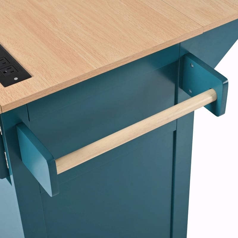 55.7" Rolling Kitchen Island with Double Drop Leaf, Power Outlet, 3 Drawers, Spice & Towel Rack, Folding Dining Table Cart