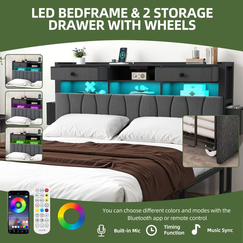 Linen Upholstered Platform Bed with Hidden Headboard Storage Charging Station and 2 Drawers