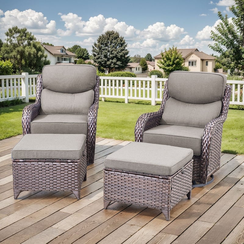 Outdoor Swivel Chairs with 6-Inch Thick Cushions for Garden - Brwon Wicker Grey Cushion - 4PCS Swivel Chair w/ Ottoman