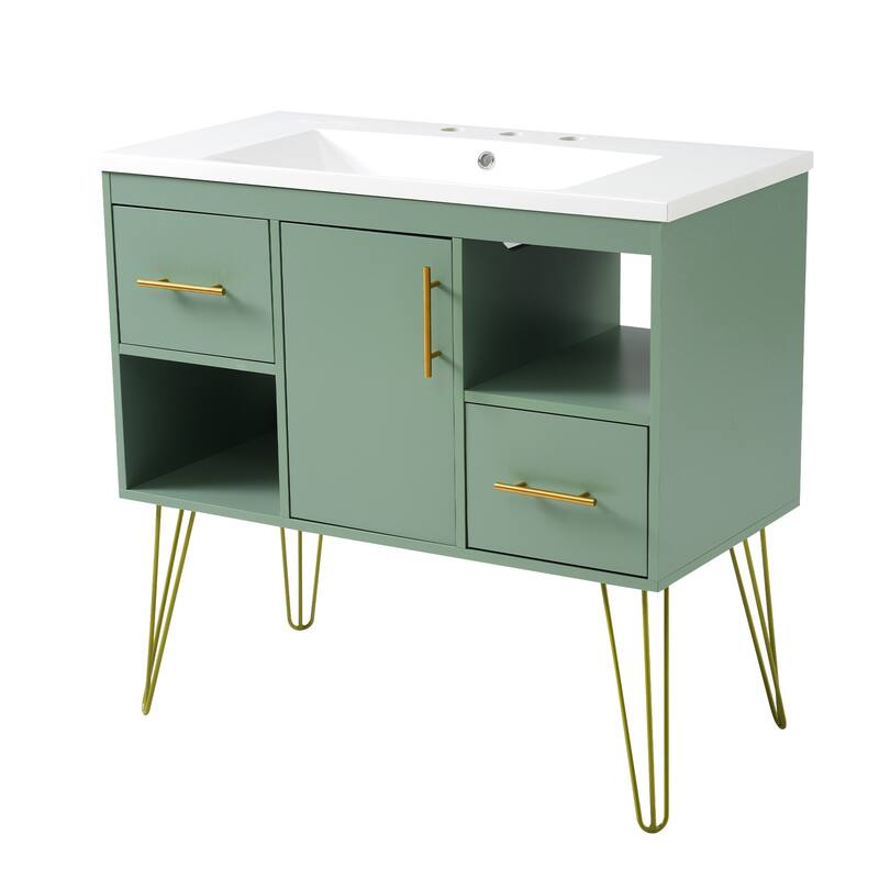 Freestanding Green Storage Cabinet for Bathroom Vanity with Resin Sink, 2 Drawers, 2 Storage Compartments and Gold Handles