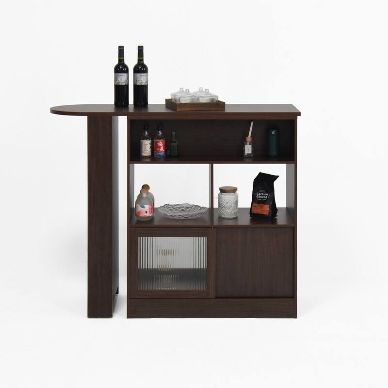 Walnut Modern Bar Cabinet with Rotating Top and Glass Doors
